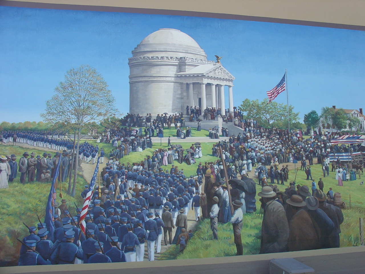 Dedication of the Illinois Memorial, October 26, 1906, depicted on the floodwall in Vicksburg.